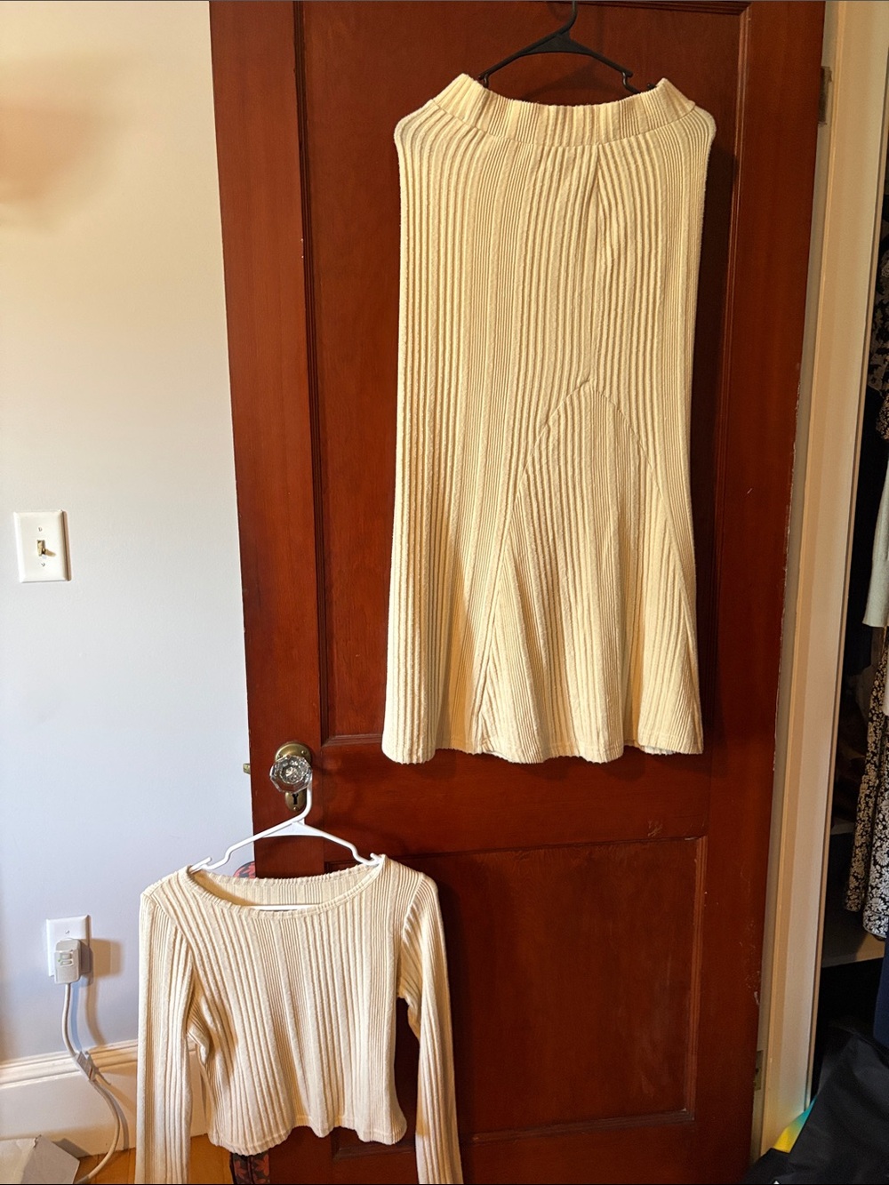 Cream Ribbed Knit Dress with Long Sleeve Top